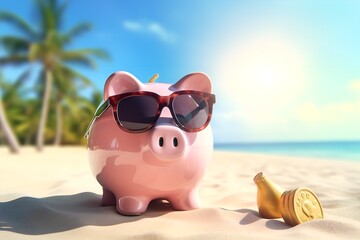 Ein lustiges Sparschwein steht mit Sonnenbrille am Strand - obrazy, fototapety, plakaty