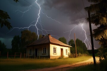 Intense lightning illuminating a countryside: house, powerlines. Generative AI