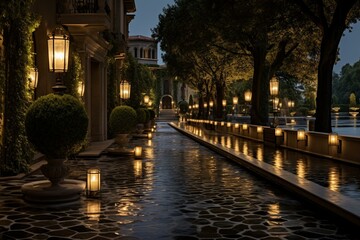 Lined pathway alongside water features illuminated by lamps. Generative AI
