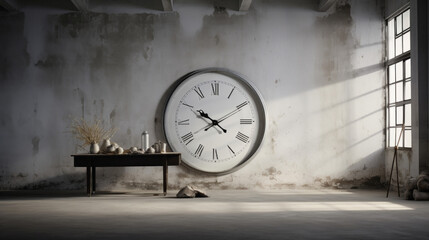 an industrial room with a concrete floor and white walls and a large clock hanging over the mantel