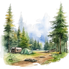 Watercolor illustration of camping in the forest