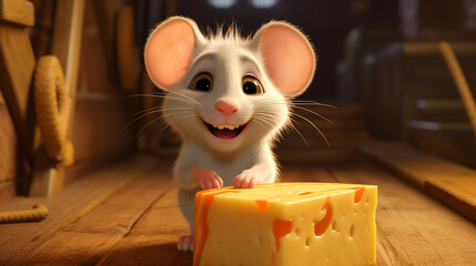 cute mouse with cheese slice - obrazy, fototapety, plakaty