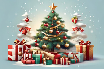 Fototapeta na wymiar Beautiful Christmas Tree and Presents Illustrated Postcard