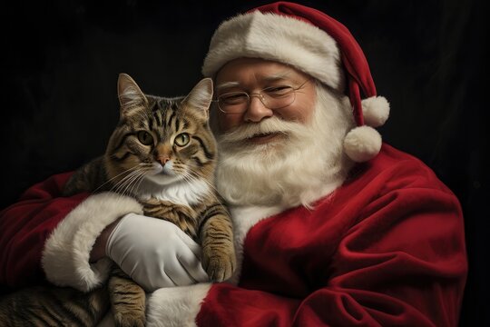 Santa Claus with tabby cat, pet photo shoot at Christmas holiday