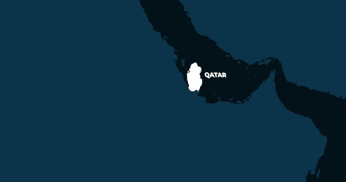 World Map Zoom In To Qatar. Animation in 4K Video. White Qatar Territory On Dark Blue World Map
