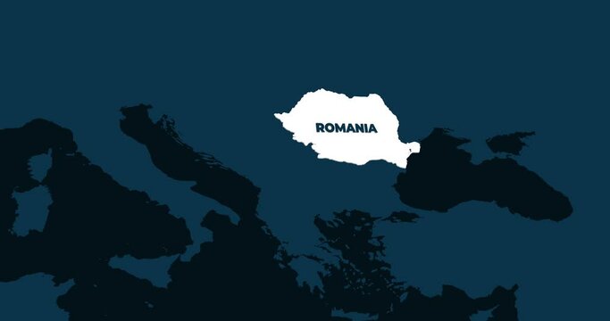 World Map Zoom In To Romania. Animation in 4K Video. White Romania Territory On Dark Blue World Map