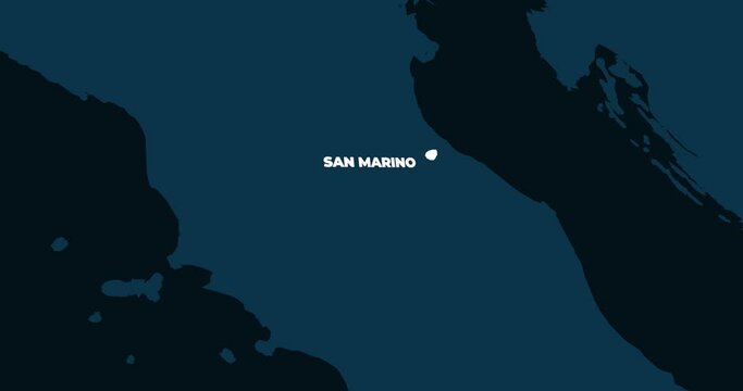 World Map Zoom In To San Marino. Animation in 4K Video. White San Marino Territory On Dark Blue World Map