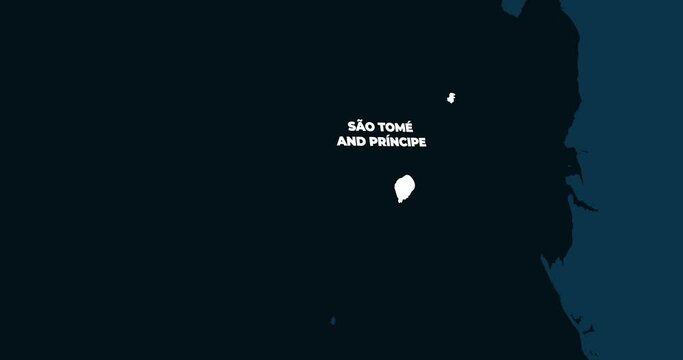 World Map Zoom In To São Tomé and Príncipe. Animation in 4K Video. White São Tomé and Príncipe Territory On Dark Blue World Map