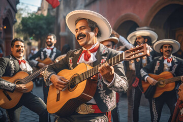 Celebrating the spirit of Mexico, a mariachi man enjoys a musical performance, playing his instrument with a happy and cheerful demeanor - Powered by Adobe