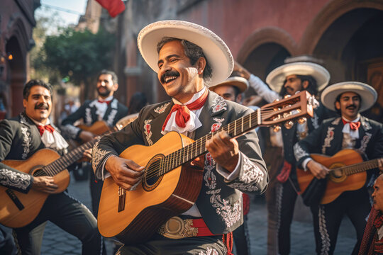 Fototapeta Celebrating the spirit of Mexico, a mariachi man enjoys a musical performance, playing his instrument with a happy and cheerful demeanor