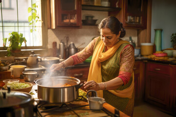 An Indian housewife showcasing her culinary skills as she cooks traditional dishes, exemplifying...