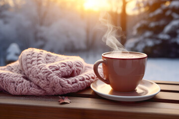 Savor the warmth of a holiday season with a cozy cup of coffee, set against a snowy winter...