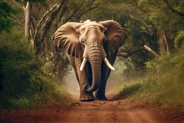 A powerful elephant walking gracefully through the African savanna in a national wildlife reserve,...