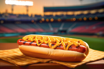 A hotdog, a fast and flavorful dinner option, is a beloved choice for sports fans at stadiums, featuring a meaty sausage, ketchup, and mustard in a soft bun.