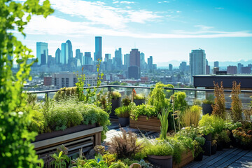 Urban green roof garden overlooking the city skyline - obrazy, fototapety, plakaty