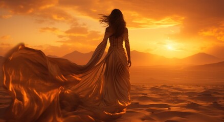 Fototapeta na wymiar woman silhouette in desert walking at sunset