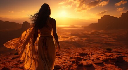 woman silhouette in desert walking at sunset