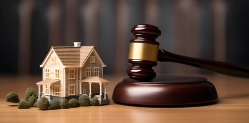 hammer house, toy house, lawyer service concept, court hammer, house model,real estate auction