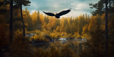 Obraz premium A Majestic Eagle Soaring Above a Lush, Serene Forest Scene