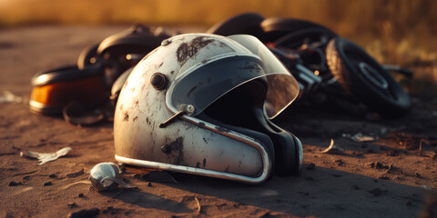 A Discarded Motorcycle Helmet on the Ground - obrazy, fototapety, plakaty