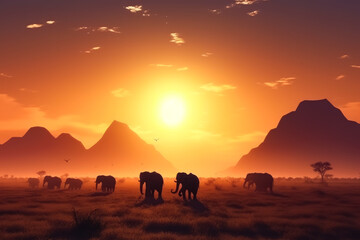 Fototapeta na wymiar A Majestic Herd of Elephants Gracefully Crossing a Verdant Grassland