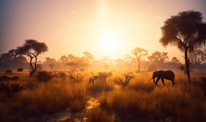 Fototapeta na wymiar A Majestic Herd of Elephants Gracefully Crossing a Verdant Grassland