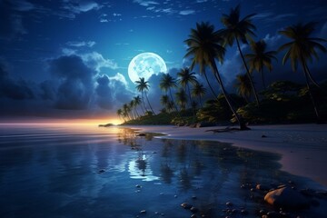 Reflection of moon over tropical beach waters. Generative AI