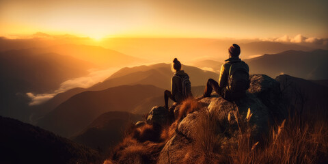Two Adventurers Embracing the Serenity of a Mountain Peak at Sunset