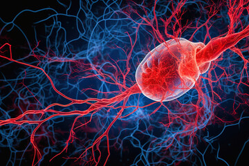 Illustration of neurons, blood vessels, tumor in red and blue colors. - obrazy, fototapety, plakaty