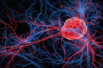 Illustration of neurons, blood vessels, tumor in red and blue colors. - obrazy, fototapety, plakaty