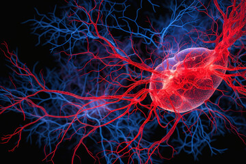 Illustration of neurons, blood vessels, tumor in red and blue colors.