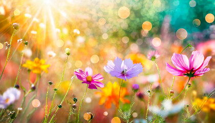 Fototapeta na wymiar Colorful flower meadow with sun rays and bokeh lights in summer - natural background. AI Generated