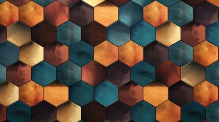 Copper and Teal Hexagonal Pattern, Abstract Metallic Mosaic