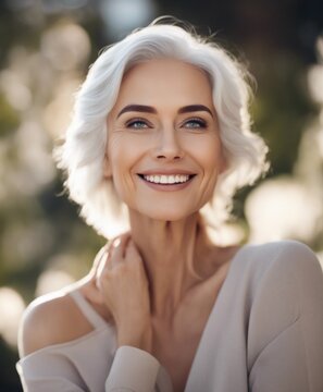 Woman Touch Face With Smooth Healthy Skin. Beautiful Aging Young Looking Woman With Gray Hair