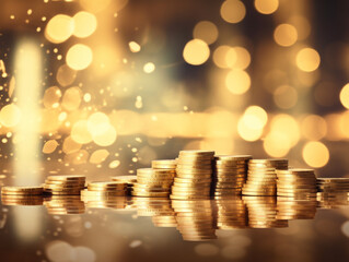 Stacking and pile of gold coins on the table with bokeh background. Gold and financing concept design and setting out.