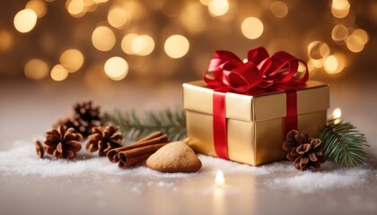Christmas tree composition on light gold background with beautiful Golden gift box with red ribbon