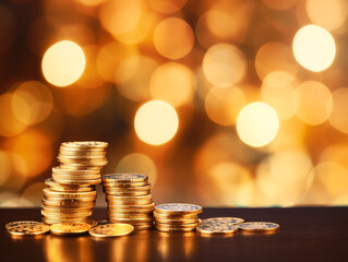 Stacking and pile of gold coins on the table with bokeh background. Gold and financing concept design and setting out.