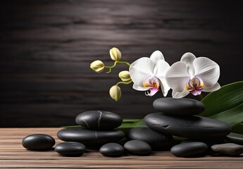 orchid ans black spa stones on wooden table in spa
