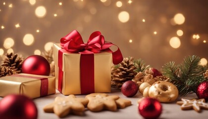 Fototapeta na wymiar Christmas tree composition on light gold background with beautiful Golden gift box with red ribbon