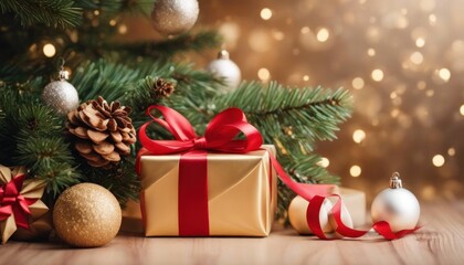Fototapeta premium Christmas tree composition on light gold background with beautiful Golden gift box with red ribbon