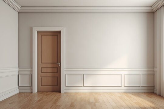 Neutral room with plain wall and closed door. Generative AI