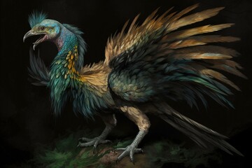 A microraptor painted in the style of Vincent van Gogh, depicting dinosaurs. Generative AI