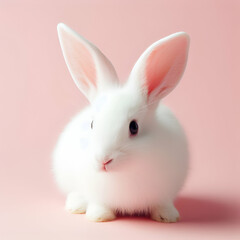 Obraz premium Adorable Surreal Sweet Docile White Good Friday Easter Celebration Domestic Pet Rabbit Hare Breed Studio Portrait with Bunny Ears & Cute Nose Posing Against Vibrant Pink Background. Big Puff Soft Ball