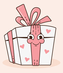 Cute gift -character gift box with bow and face in cartoon groove style. Trend 60x-70x.Vector
