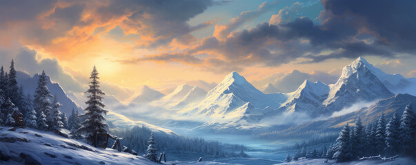 Winter snowy beautiful landscape with snowy trees - obrazy, fototapety, plakaty