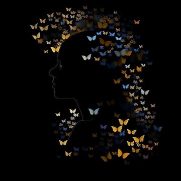 Silhouette of a woman with many butterflies.