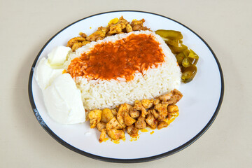 Traditional delicious Turkish food; Turkish style rice pilaf (Turkish name; Arpa sehriyeli. tavuklu, kuru fasulyeli, kavurmali pirinc pilavi)