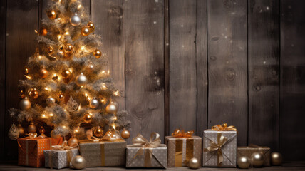 Christmas Tree and Presents on Rustic Wooden Background