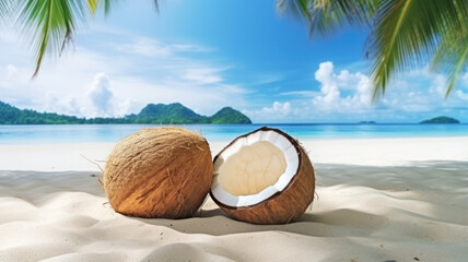 Fototapeta na wymiar Sunny Thai Beach with Coconut and Islands