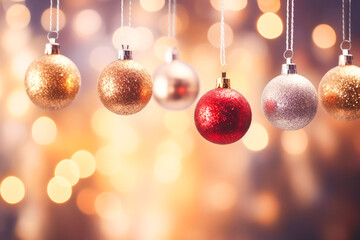 Festive hanging Christmas balls against an out of focus background Christmas and new year greeting card image desktop background